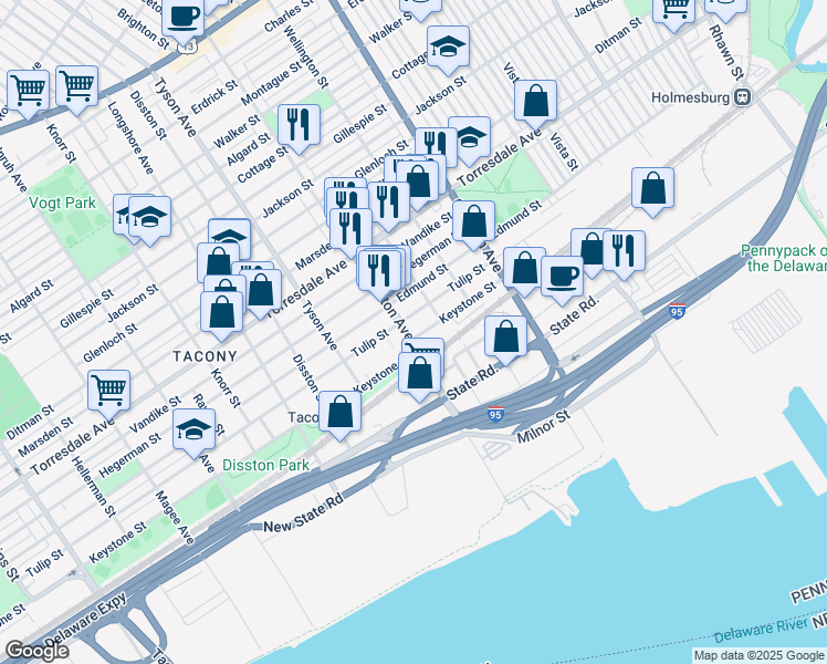map of restaurants, bars, coffee shops, grocery stores, and more near 7118 Keystone Street in Philadelphia
