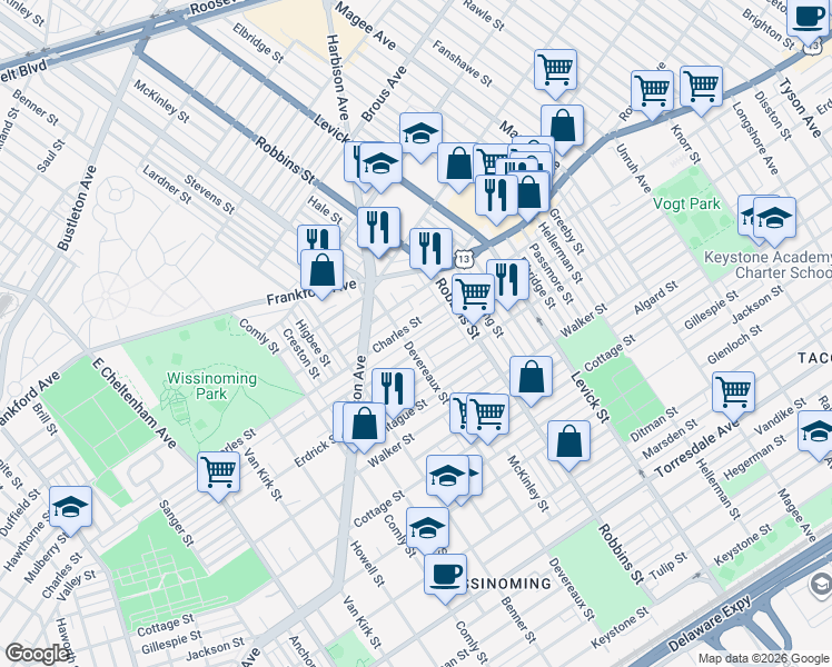 map of restaurants, bars, coffee shops, grocery stores, and more near 6230 Tackawanna Street in Philadelphia