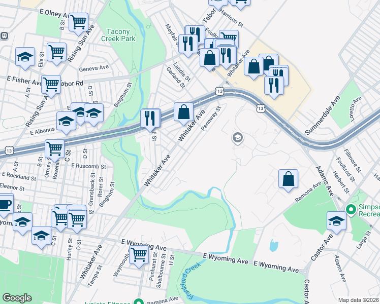 map of restaurants, bars, coffee shops, grocery stores, and more near 5113 Pennway Street in Philadelphia