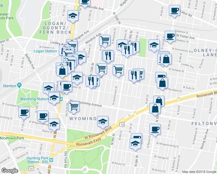map of restaurants, bars, coffee shops, grocery stores, and more near 4827 North Warnock Street in Philadelphia