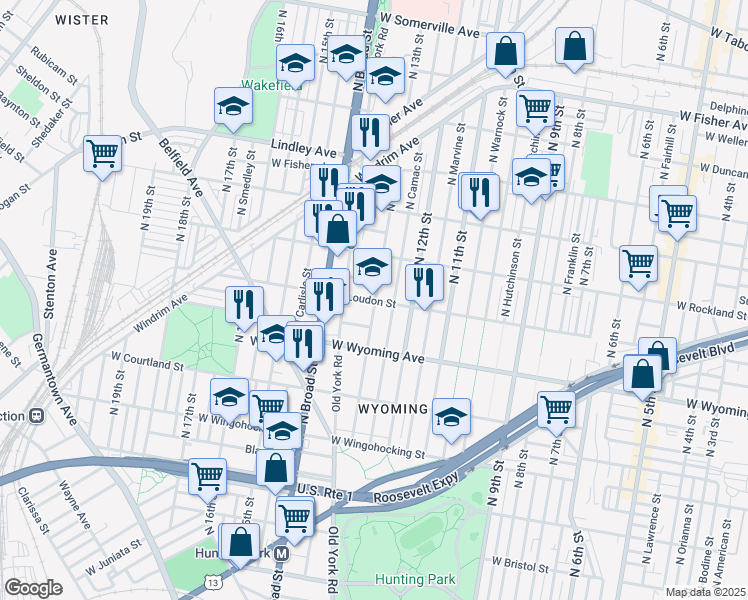map of restaurants, bars, coffee shops, grocery stores, and more near 4800 North 13th Street in Philadelphia