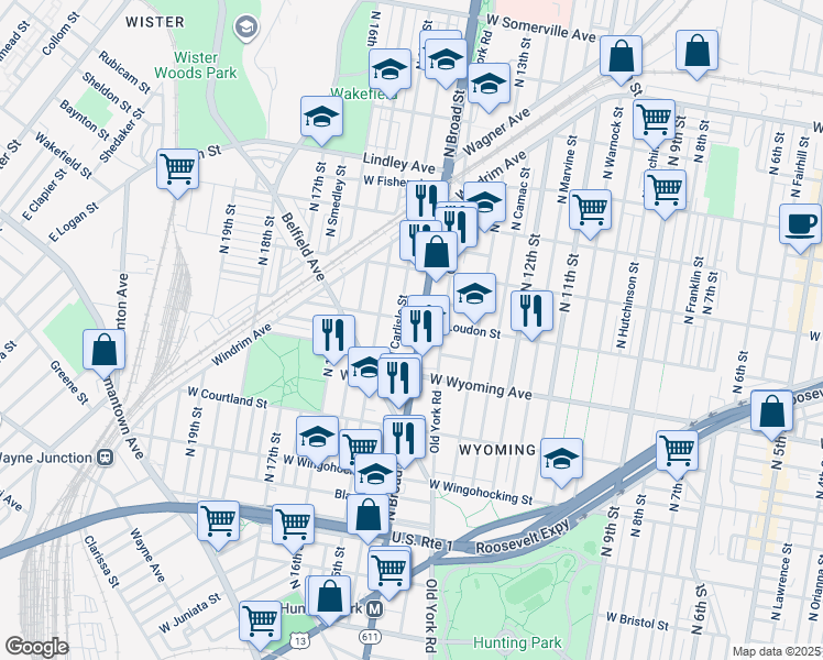 map of restaurants, bars, coffee shops, grocery stores, and more near 4744 North Broad Street in Philadelphia