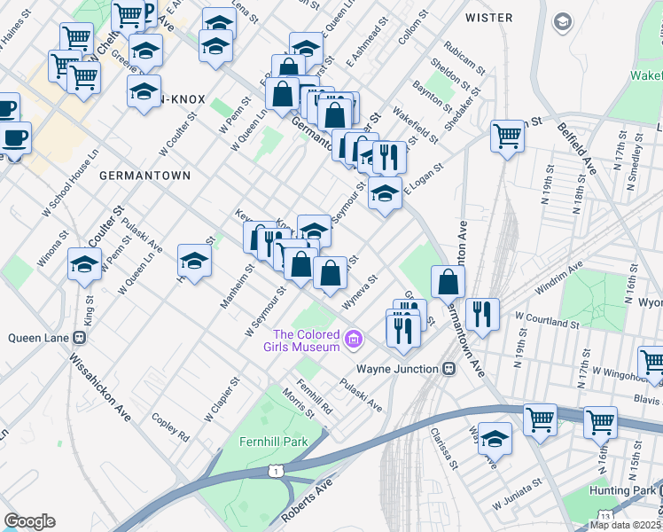map of restaurants, bars, coffee shops, grocery stores, and more near 4903 Knox Street in Philadelphia