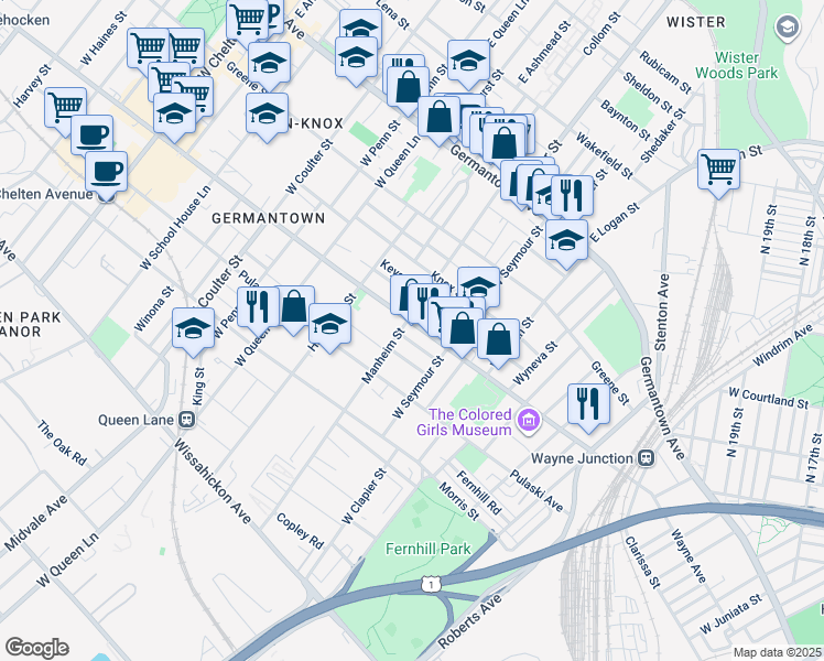 map of restaurants, bars, coffee shops, grocery stores, and more near 5050 Wayne Avenue in Philadelphia