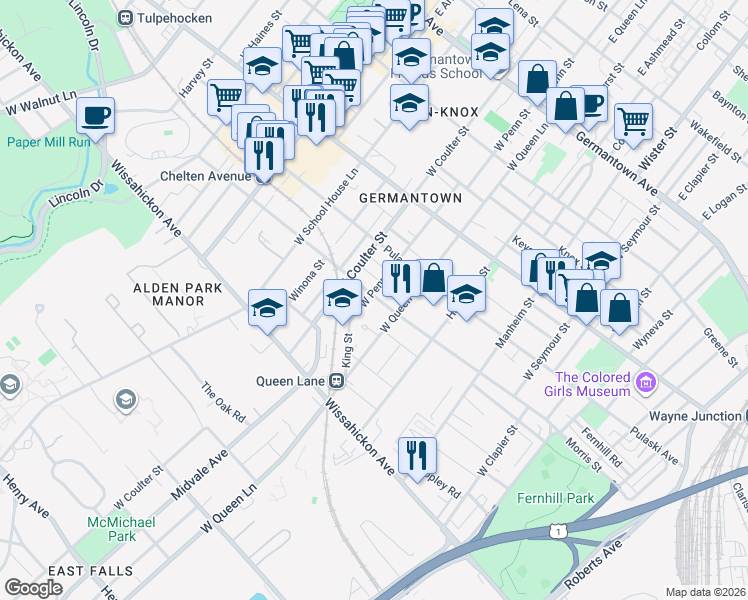 map of restaurants, bars, coffee shops, grocery stores, and more near 5320 Priscilla Street in Philadelphia