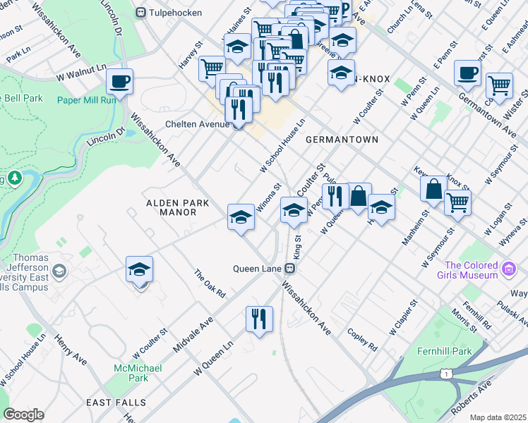 map of restaurants, bars, coffee shops, grocery stores, and more near 466 Winona Street in Philadelphia