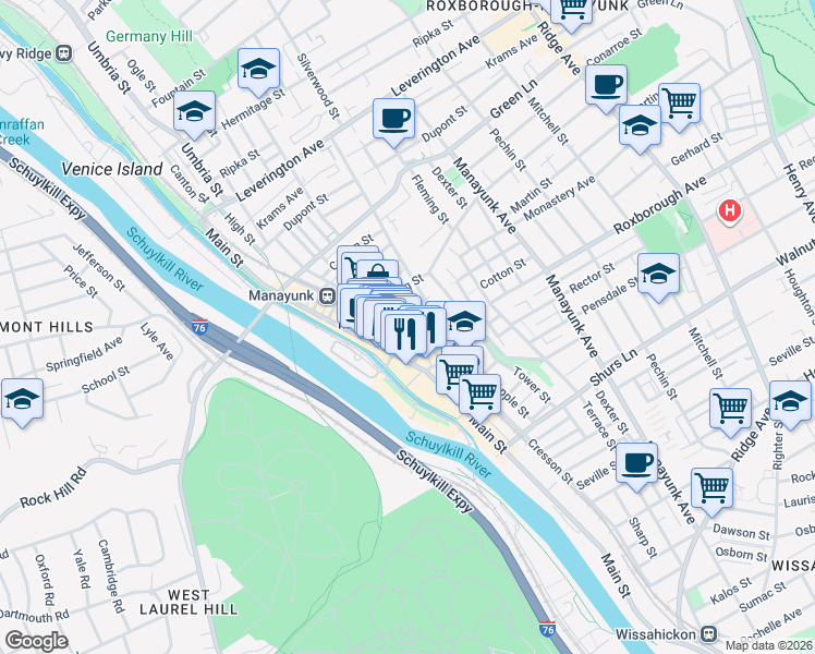map of restaurants, bars, coffee shops, grocery stores, and more near 120 Cotton Street in Philadelphia
