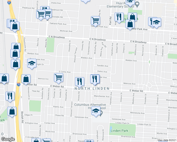 map of restaurants, bars, coffee shops, grocery stores, and more near 2941 Mcguffey Road in Columbus