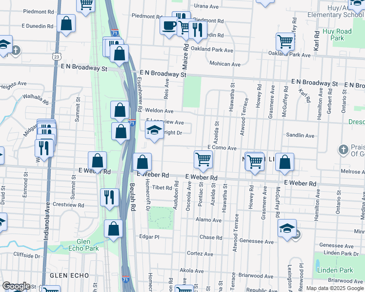 map of restaurants, bars, coffee shops, grocery stores, and more near 840 East Como Avenue in Columbus