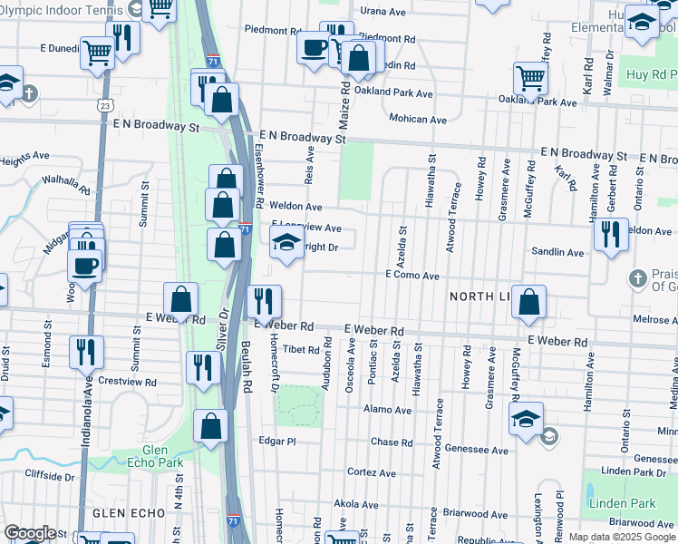 map of restaurants, bars, coffee shops, grocery stores, and more near 840 East Como Avenue in Columbus