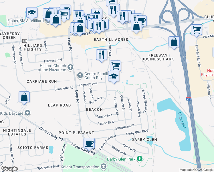 map of restaurants, bars, coffee shops, grocery stores, and more near 3600 Lacon Road in Hilliard