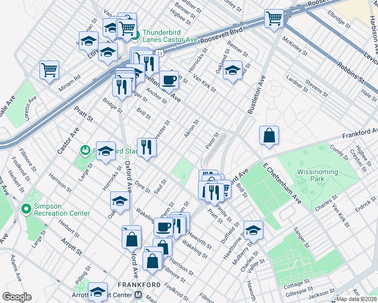 map of restaurants, bars, coffee shops, grocery stores, and more near 5319 Saul Street in Philadelphia