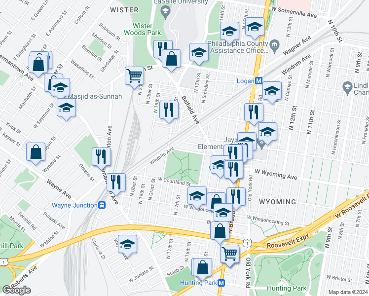 map of restaurants, bars, coffee shops, grocery stores, and more near 1657 Wyoming Avenue in Philadelphia