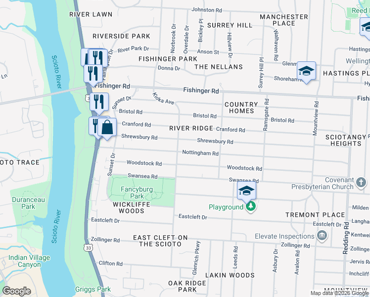 map of restaurants, bars, coffee shops, grocery stores, and more near 2576 Nottingham Road in Columbus