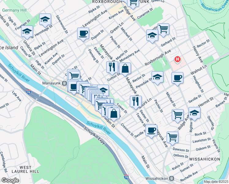 map of restaurants, bars, coffee shops, grocery stores, and more near 4226 Terrace Street in Philadelphia