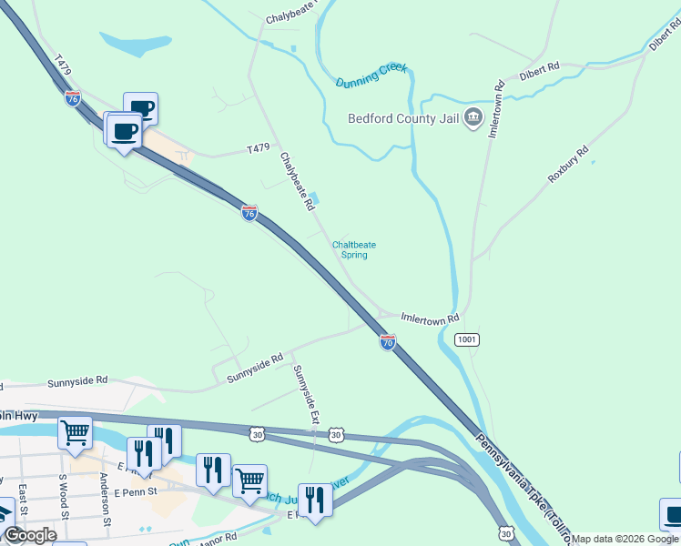map of restaurants, bars, coffee shops, grocery stores, and more near Chalybeate Rd in Bedford