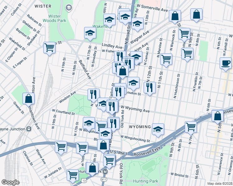 map of restaurants, bars, coffee shops, grocery stores, and more near 4744 North Broad Street in Philadelphia