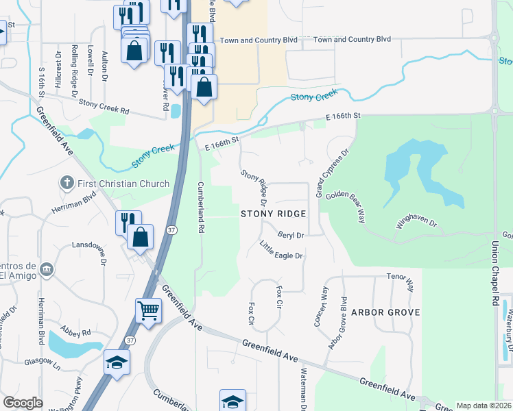 map of restaurants, bars, coffee shops, grocery stores, and more near 16325 Stony Ridge Drive in Noblesville