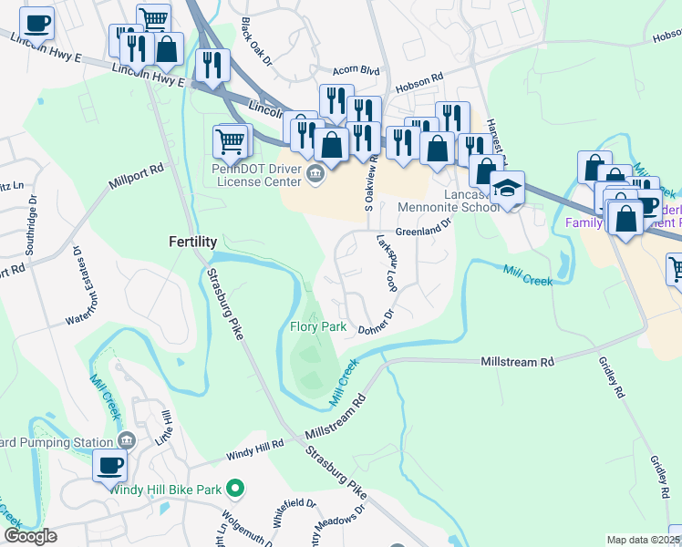map of restaurants, bars, coffee shops, grocery stores, and more near 502-580 Greenland Drive in Lancaster