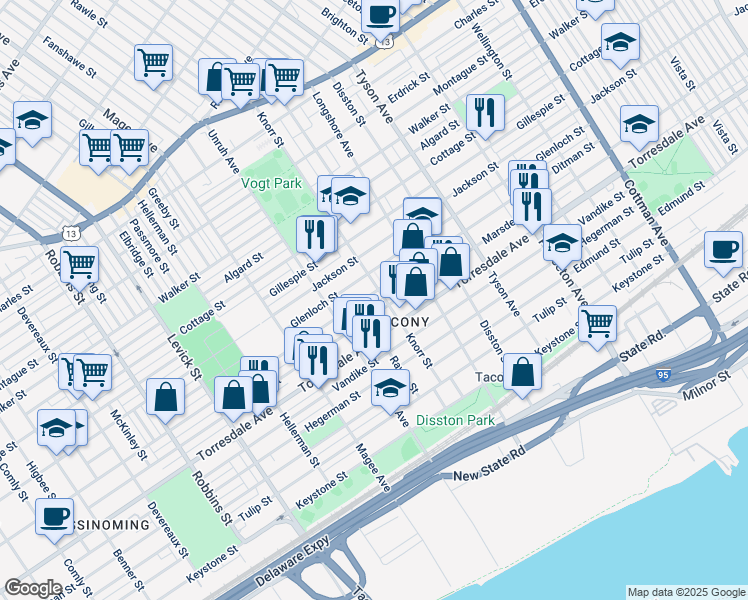 map of restaurants, bars, coffee shops, grocery stores, and more near 6745 Ditman Street in Philadelphia