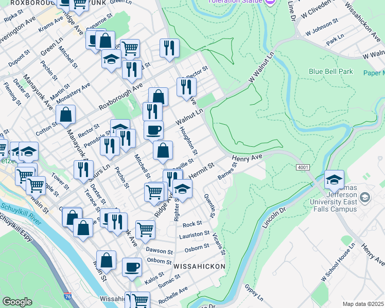 map of restaurants, bars, coffee shops, grocery stores, and more near 5508 Houghton Street in Philadelphia