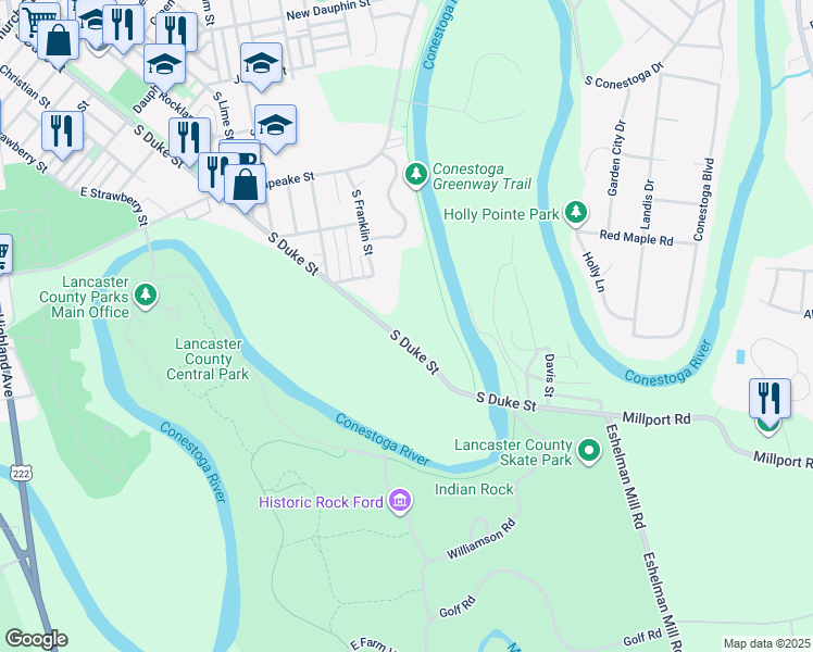 map of restaurants, bars, coffee shops, grocery stores, and more near 1155 South Duke Street in Lancaster