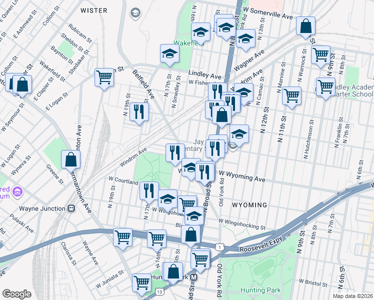 map of restaurants, bars, coffee shops, grocery stores, and more near 1533 Belfield Avenue in Philadelphia