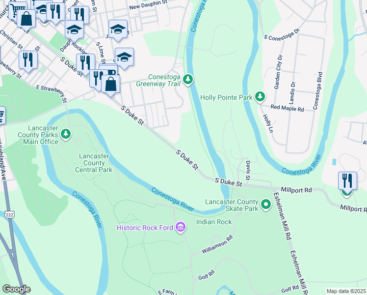 map of restaurants, bars, coffee shops, grocery stores, and more near 1155 South Duke Street in Lancaster