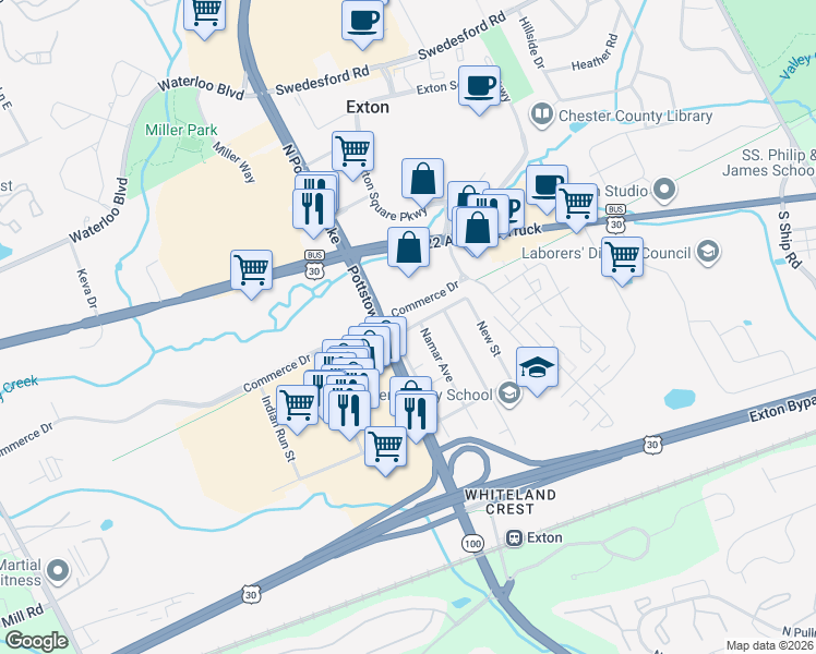map of restaurants, bars, coffee shops, grocery stores, and more near 207 Walsh Road in Exton