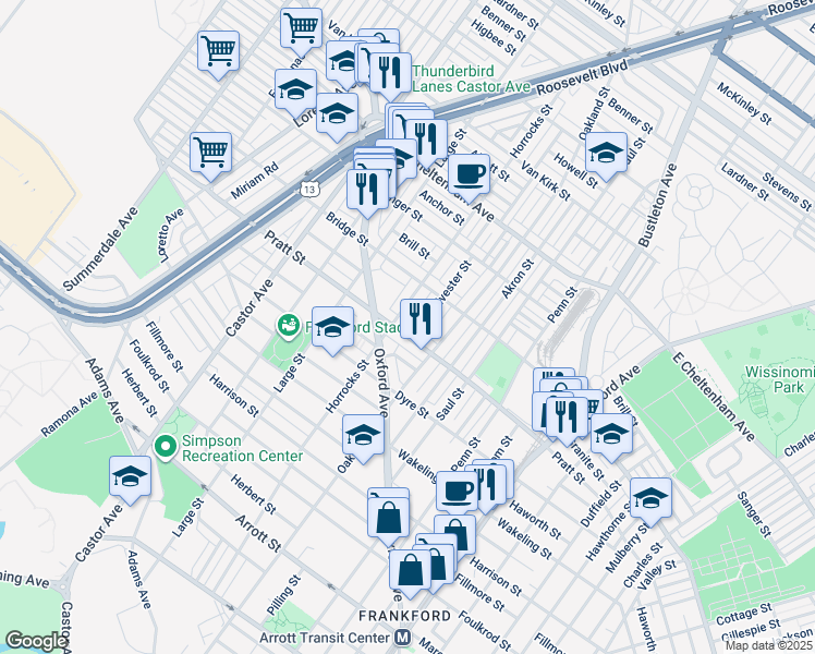 map of restaurants, bars, coffee shops, grocery stores, and more near 1217 Pratt Street in Philadelphia