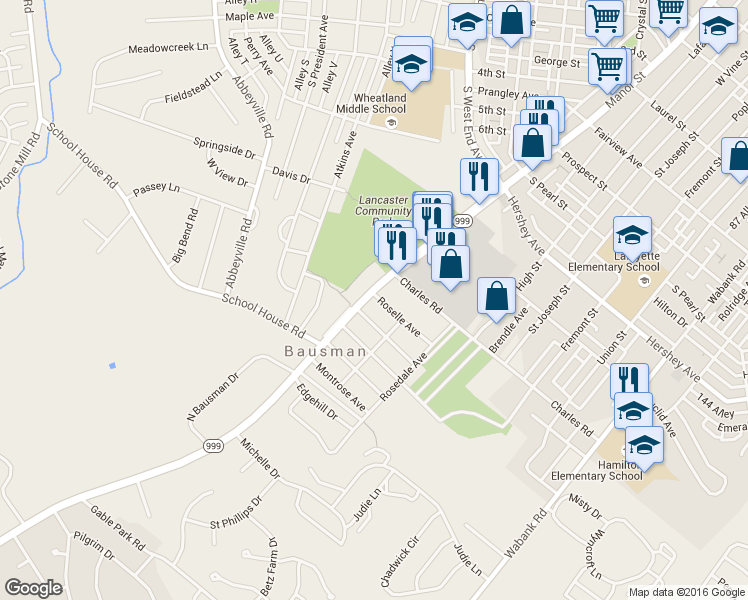map of restaurants, bars, coffee shops, grocery stores, and more near 1326 Millersville Pike in Lancaster