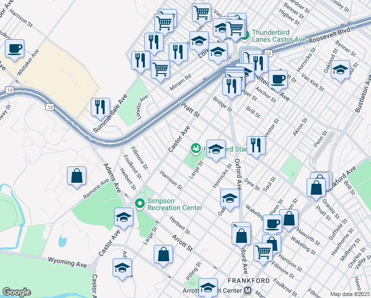 map of restaurants, bars, coffee shops, grocery stores, and more near 1020 Dyre Street in Philadelphia