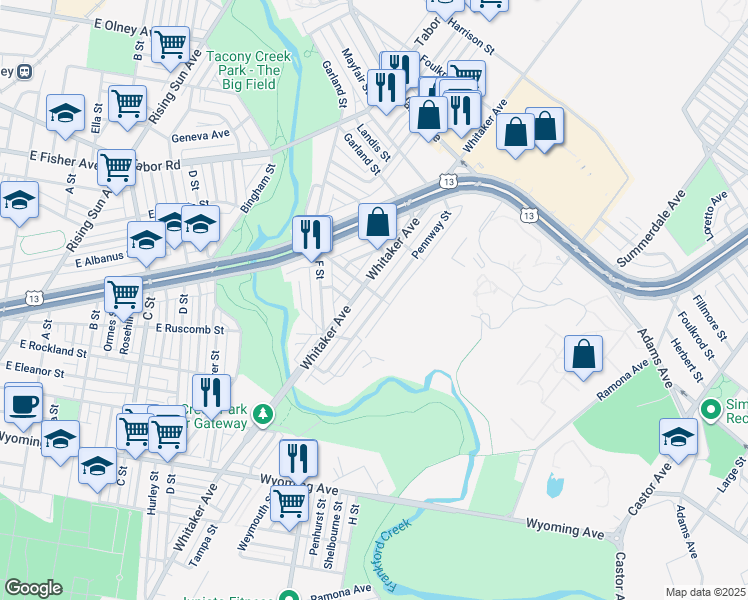 map of restaurants, bars, coffee shops, grocery stores, and more near 5066 Pennway Street in Philadelphia