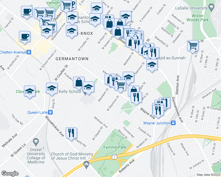 map of restaurants, bars, coffee shops, grocery stores, and more near 5050 Wayne Avenue in Philadelphia