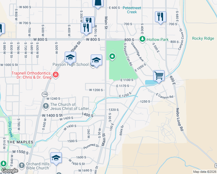 map of restaurants, bars, coffee shops, grocery stores, and more near 1184 West 1150 South Street in Payson