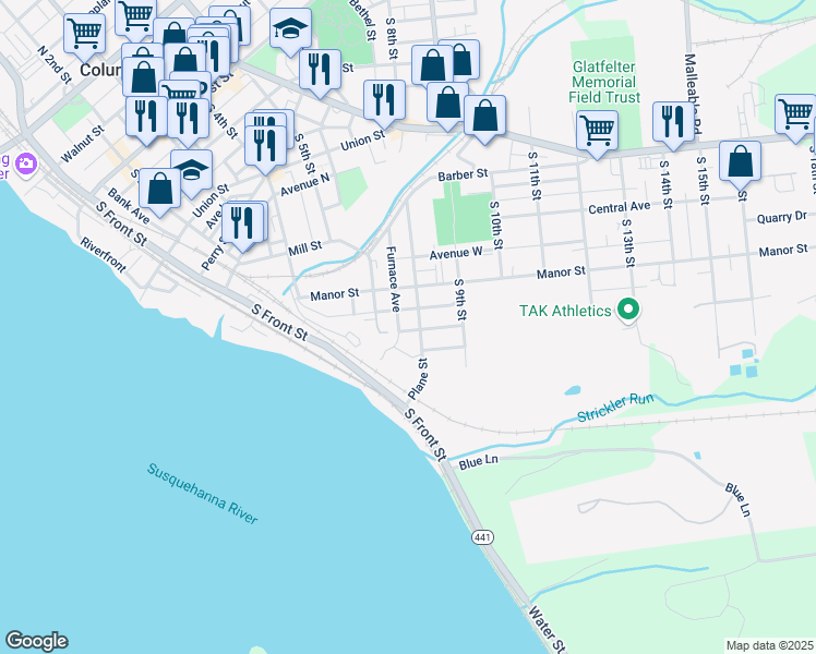 map of restaurants, bars, coffee shops, grocery stores, and more near 742 Plane Street in Columbia
