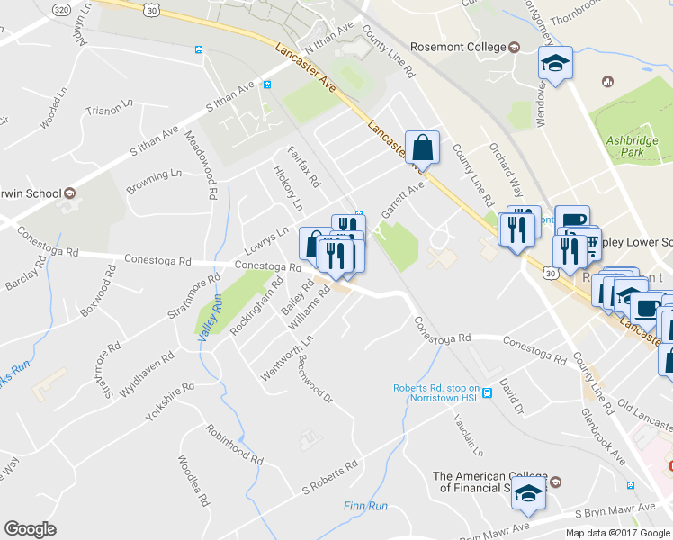 map of restaurants, bars, coffee shops, grocery stores, and more near 144 Garrett Avenue in Bryn Mawr