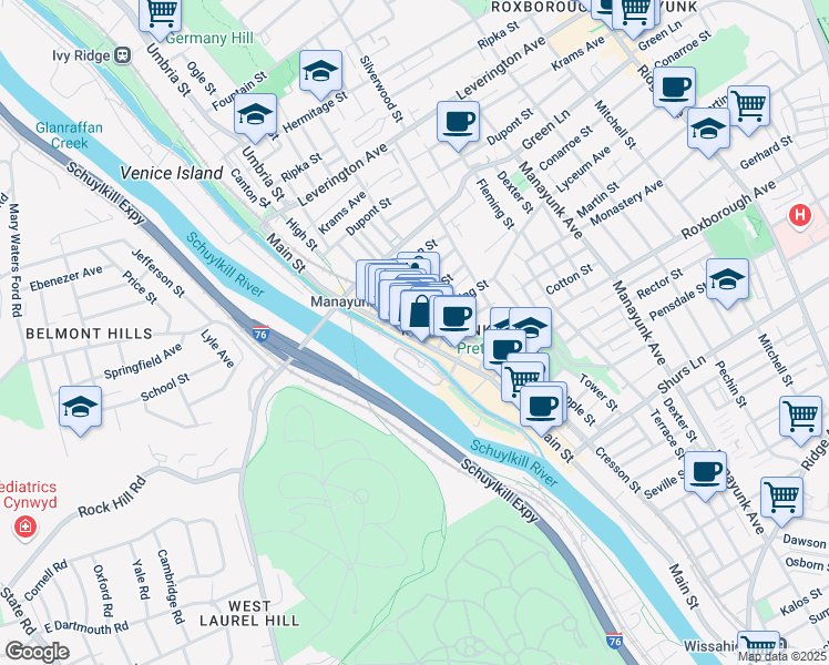 map of restaurants, bars, coffee shops, grocery stores, and more near 4373 Main Street in Philadelphia