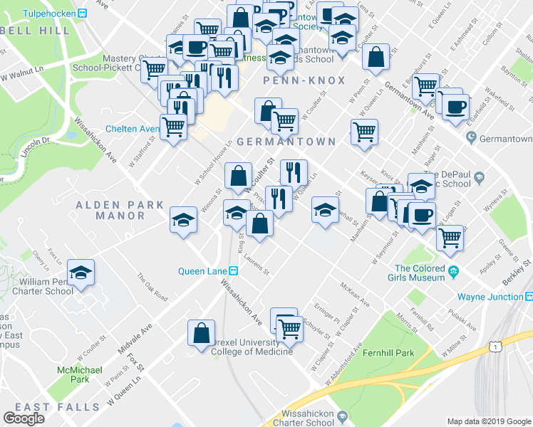 map of restaurants, bars, coffee shops, grocery stores, and more near 5329 Morris Street in Philadelphia