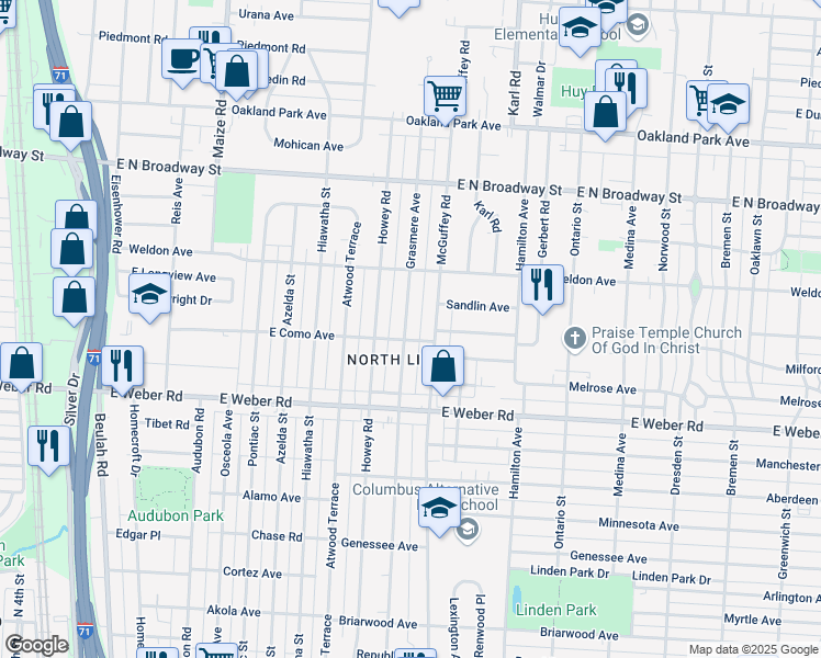 map of restaurants, bars, coffee shops, grocery stores, and more near 2950 Grasmere Avenue in Columbus