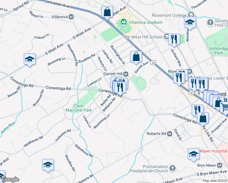 map of restaurants, bars, coffee shops, grocery stores, and more near 831 Conestoga Road in Bryn Mawr