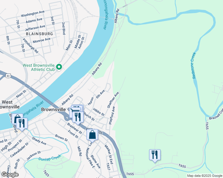 map of restaurants, bars, coffee shops, grocery stores, and more near 24 Peach Street in Brownsville