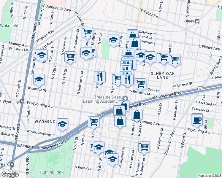 map of restaurants, bars, coffee shops, grocery stores, and more near 4872 North 6th Street in Philadelphia