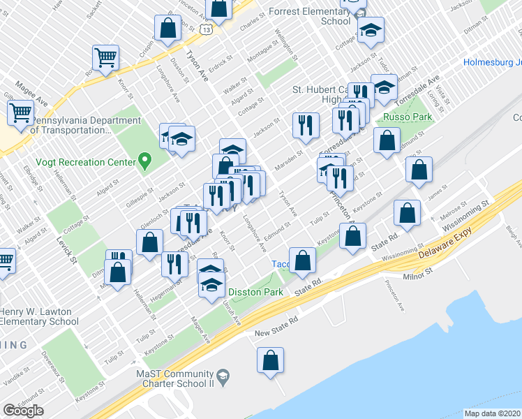 map of restaurants, bars, coffee shops, grocery stores, and more near 4712 Disston Street in Philadelphia