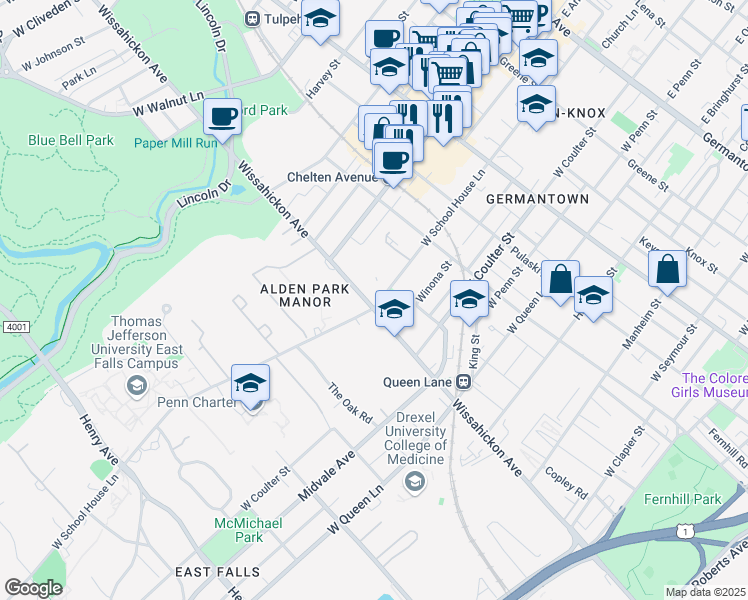 map of restaurants, bars, coffee shops, grocery stores, and more near 469 West School House Lane in Philadelphia