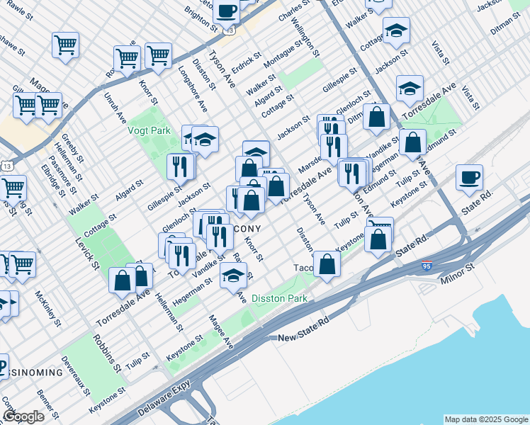 map of restaurants, bars, coffee shops, grocery stores, and more near Torresdale Avenue & Longshore Avenue in Philadelphia