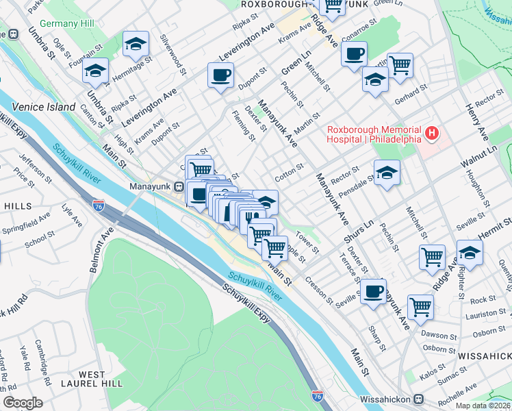 map of restaurants, bars, coffee shops, grocery stores, and more near 152 Roxborough Avenue in Philadelphia
