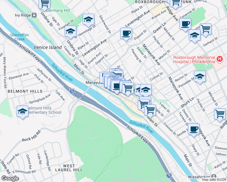 map of restaurants, bars, coffee shops, grocery stores, and more near 4400b Main Street in Philadelphia