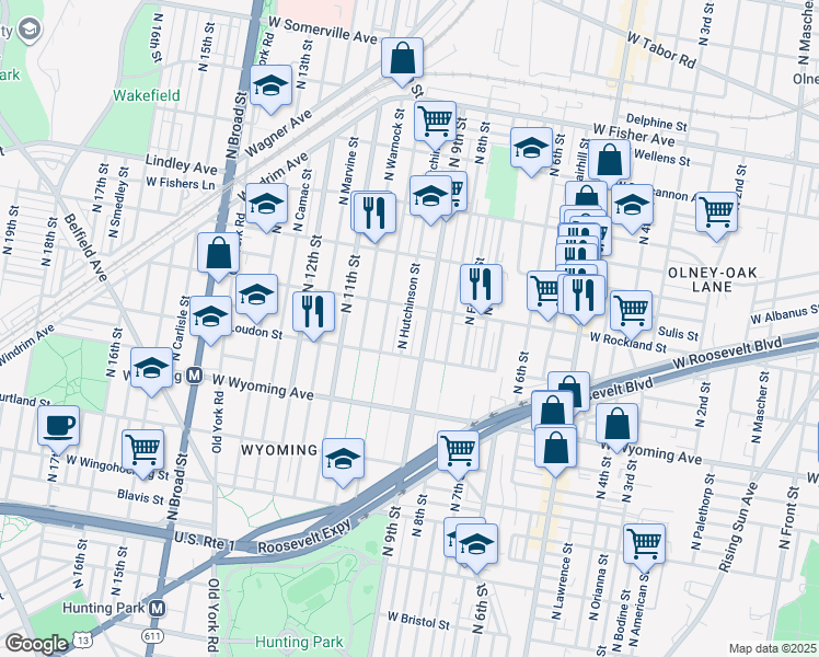 map of restaurants, bars, coffee shops, grocery stores, and more near 4837 North Hutchinson Street in Philadelphia