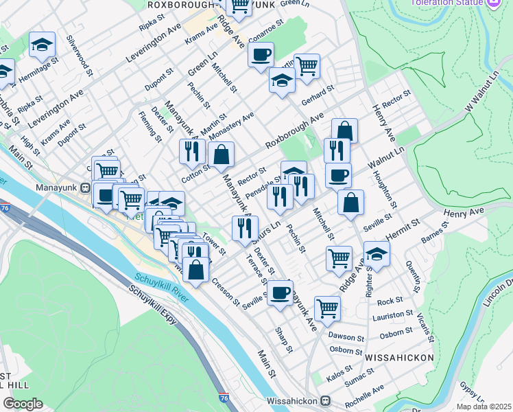 map of restaurants, bars, coffee shops, grocery stores, and more near 4124 Lauriston Street in Philadelphia